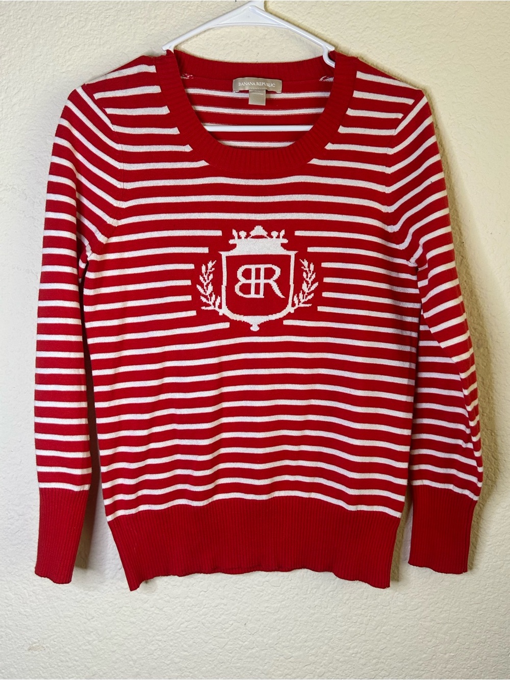 Banana Republic Red White Striped Logo Crewneck Sweater XS Nautical 100% Cotton